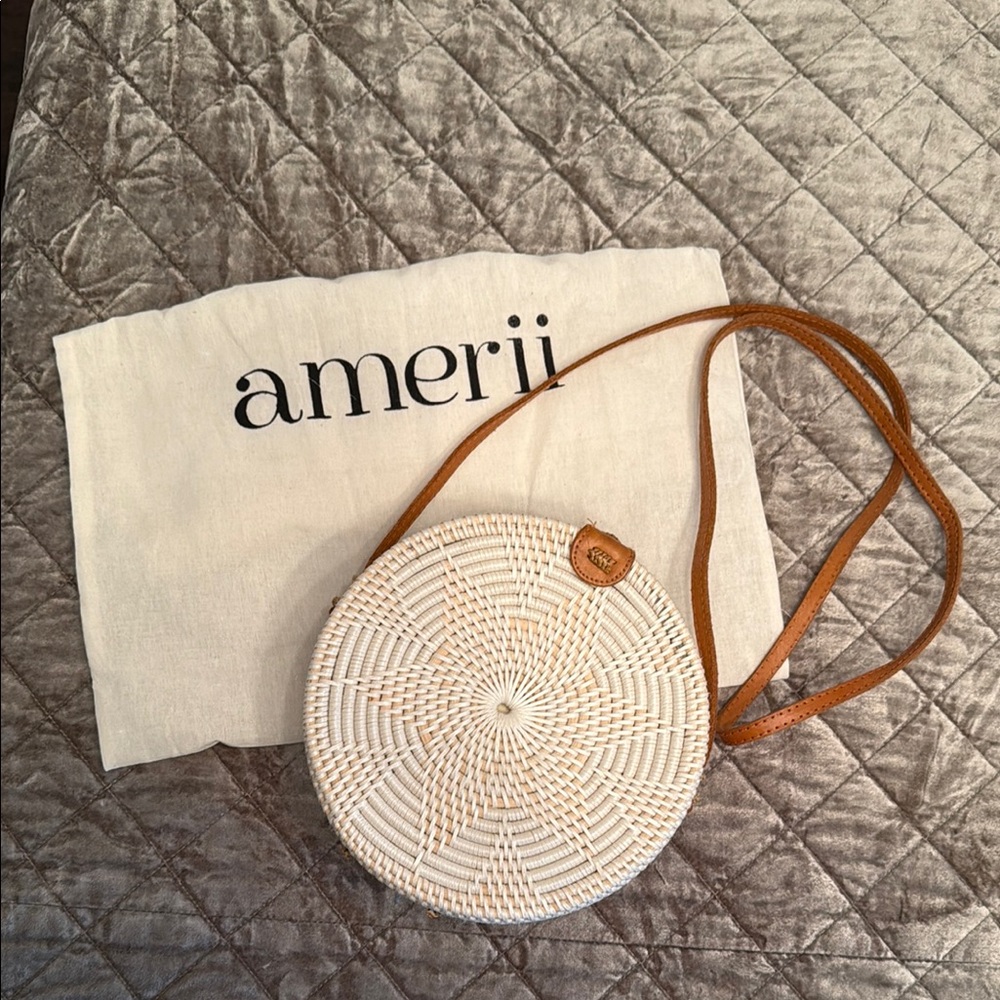 White and Tan Rattan Crossbody Bag